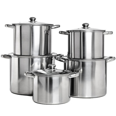 Set of stainless pots with glass lids isolated on white