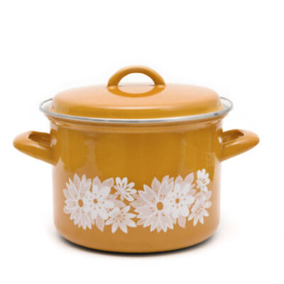 One orange vintage enamel pot isolated on a white background.