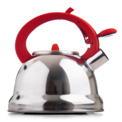 Stainless steel stovetop kettle with whistle isolated on white background