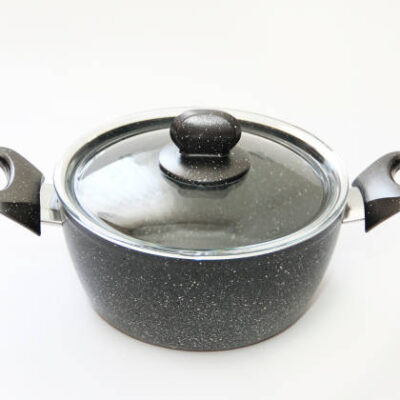 Kitchen pot with grey teflon coating and glass a lid