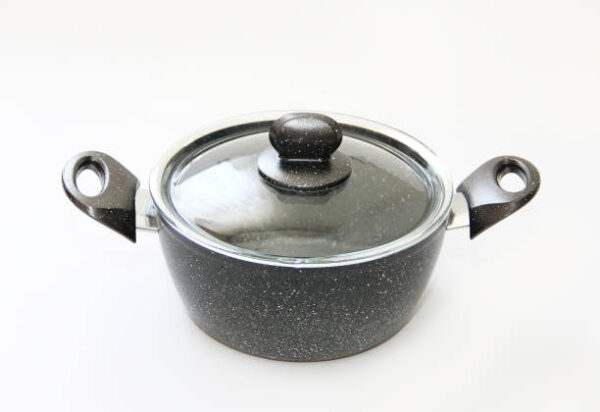 Kitchen pot with grey teflon coating and glass a lid