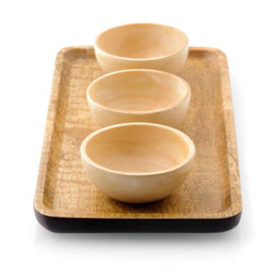 Wooden bowl on wooden tray over white background, products made from wood