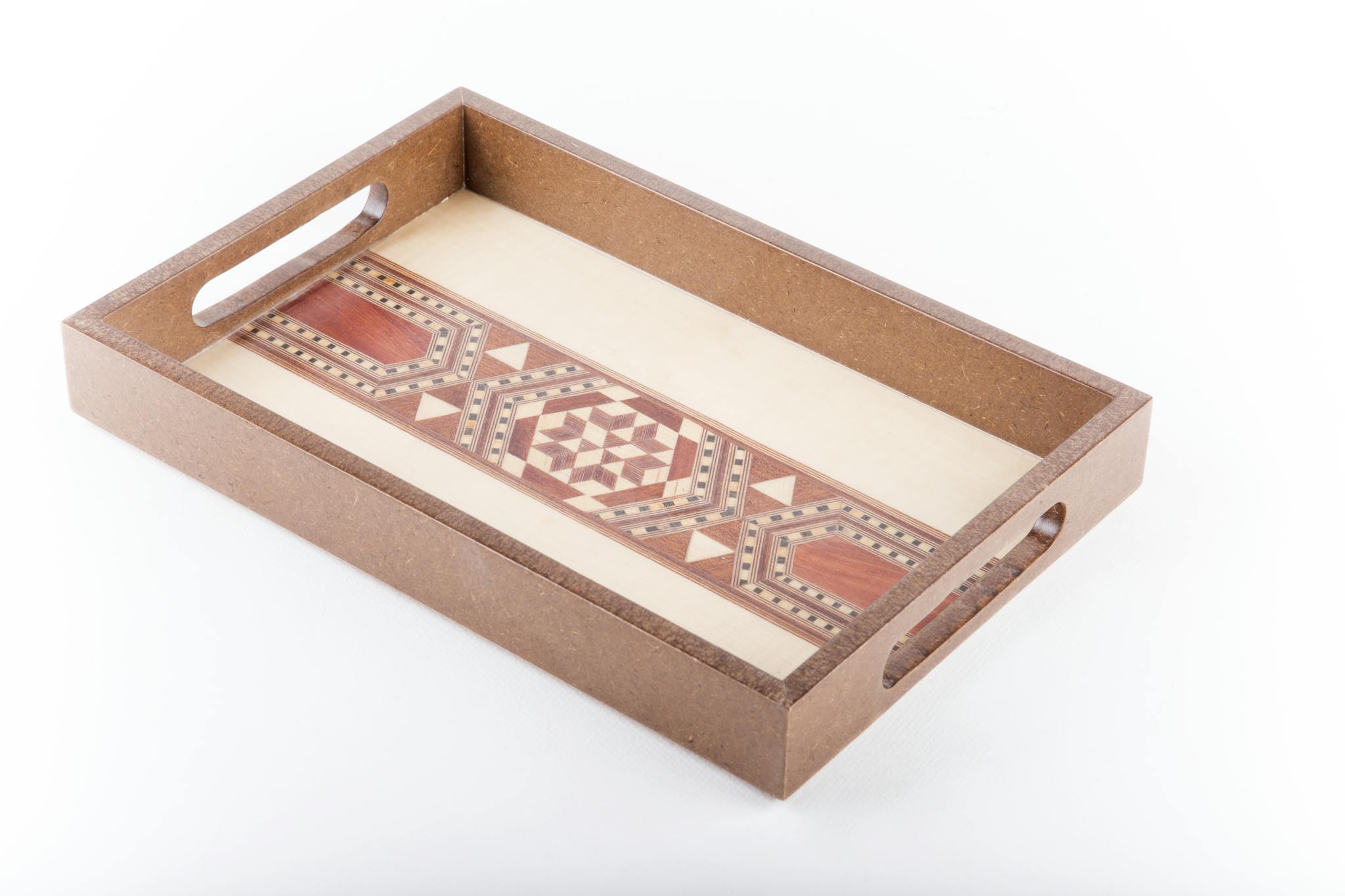 Artistic wooden tray featuring intricate geometric patterns. Ideal for home decor and serving.